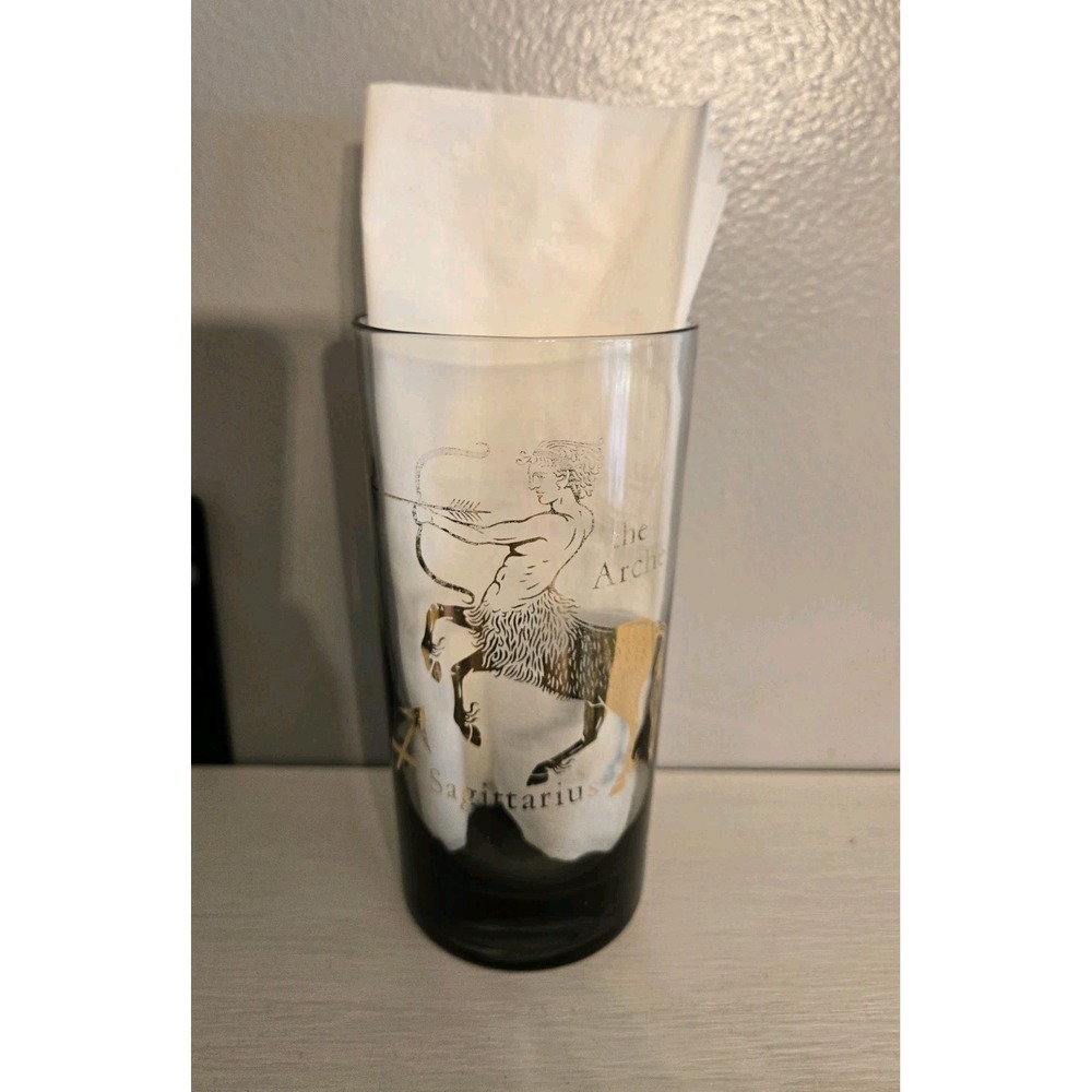 Vintage Sagittarius Zodiac Highball Glass Smoked Gold The Archer Mid Century